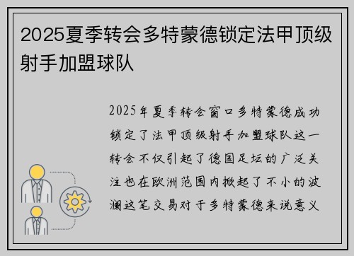 2025夏季转会多特蒙德锁定法甲顶级射手加盟球队
